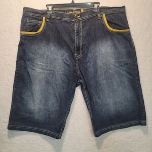 VTG Y2K Evolution In Design Blue Denim Yellow Trim Hip/Urban Shorts Sz 44